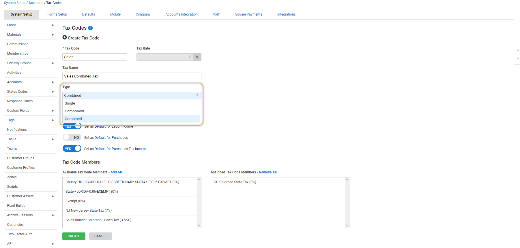 A screenshot of the Tax Type drop-down.